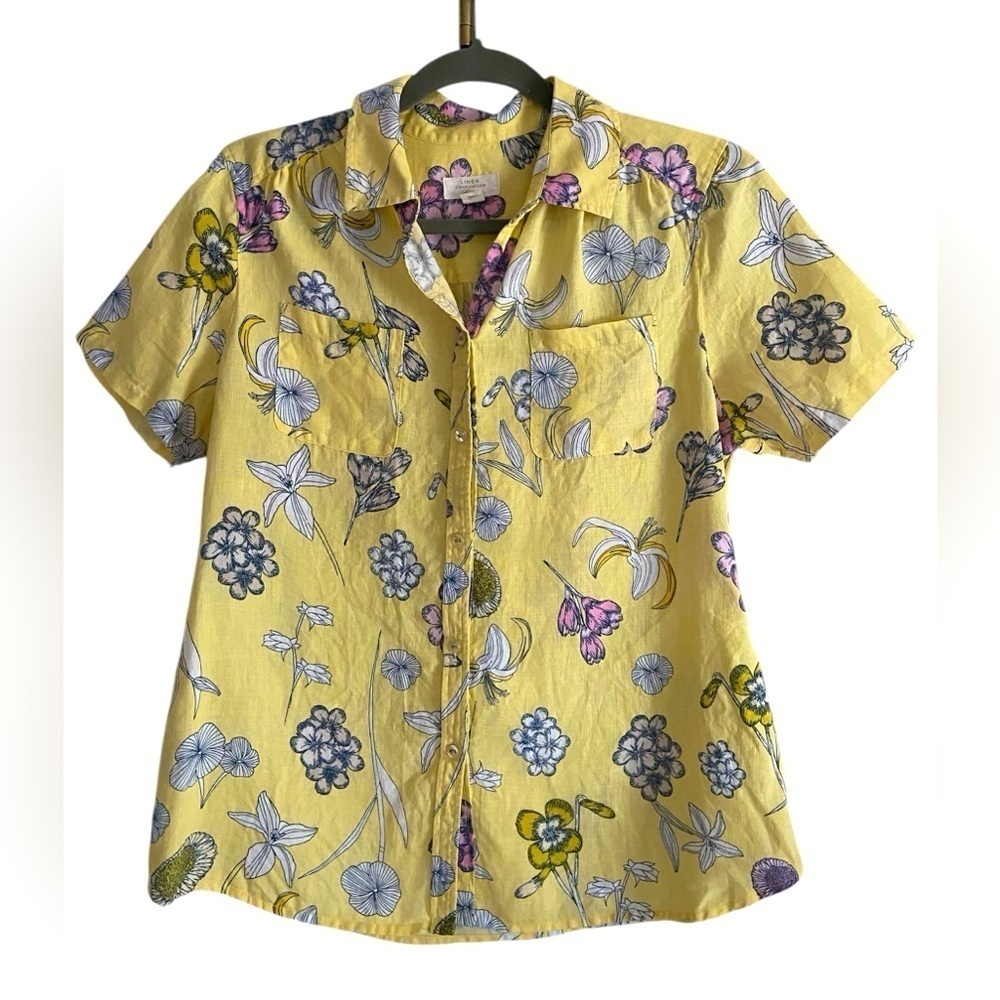 Charter Club Women’s 100% Linen Yellow Botanical Button Down Short Sleeve Shirt